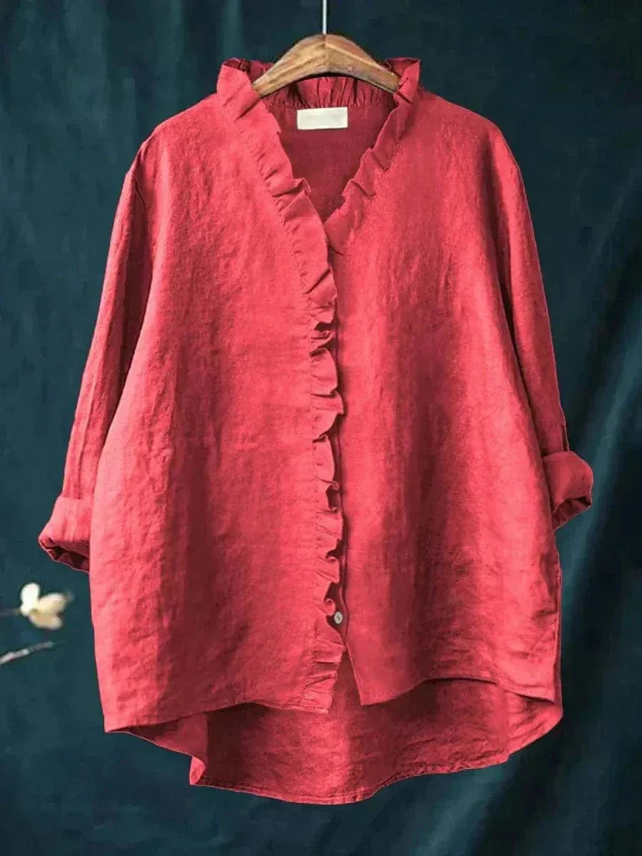 Blusa para mujer con escote en V, ribete con volantes y detalle de botones al frente
