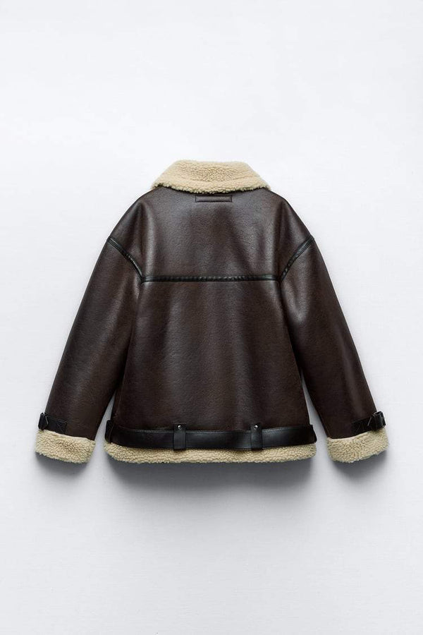 Women's Faux Shearling Aviator Jacket with Oversized Collar