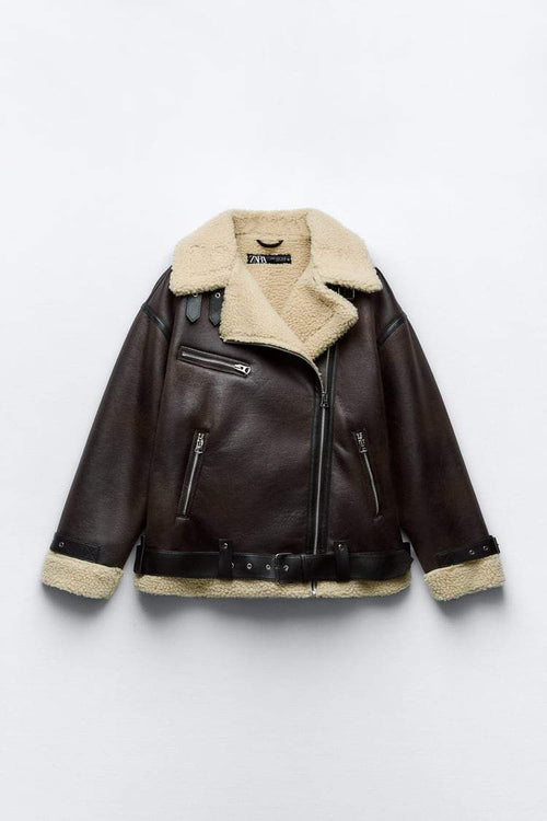 Women's Faux Shearling Aviator Jacket with Oversized Collar