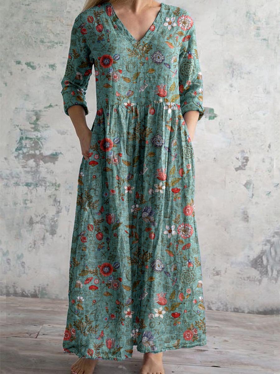 Elegant Floral V-neck Dress with Flattering Fit
