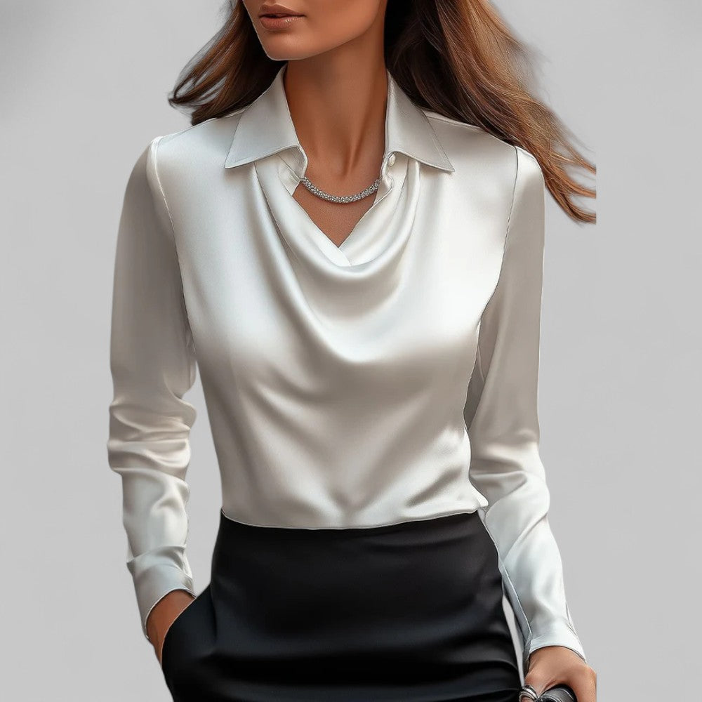 Draped Neck Satin Blouse with Long Sleeves