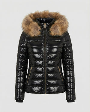 Women's Hooded Puffer Jacket with Faux Fur Trim