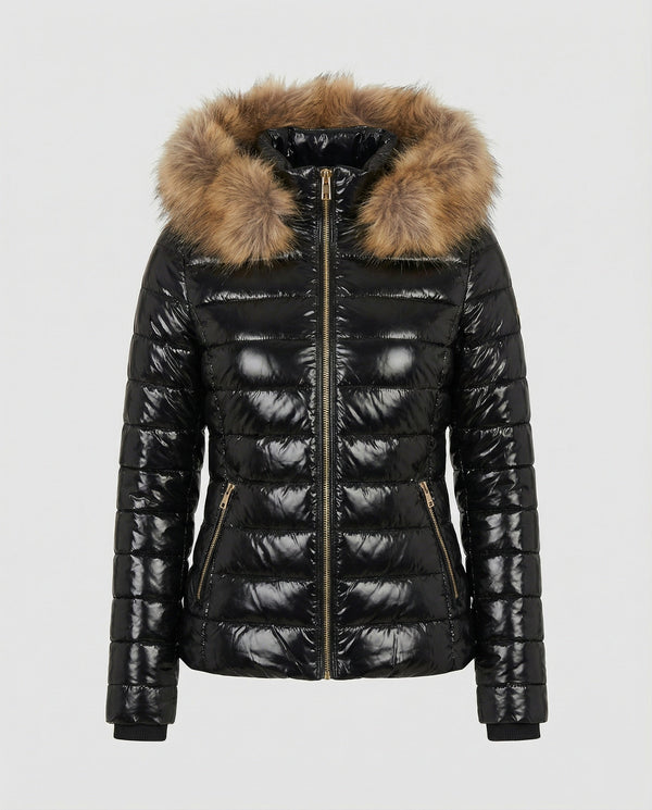 Women's Hooded Puffer Jacket with Faux Fur Trim