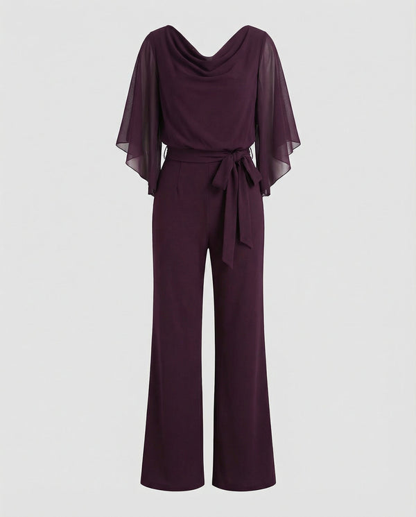 Women's Elegant Draped Neck Jumpsuit with Chiffon Cape Sleeves