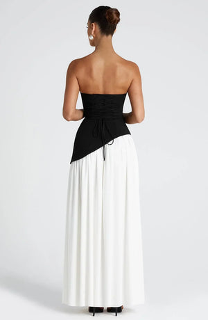 Elegant Bustier Corset Maxi Dress with Scarf Detail and High Slit