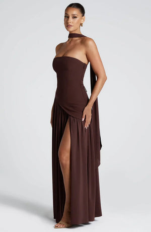 Elegant Bustier Corset Maxi Dress with Scarf Detail and High Slit