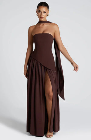 Elegant Bustier Corset Maxi Dress with Scarf Detail and High Slit