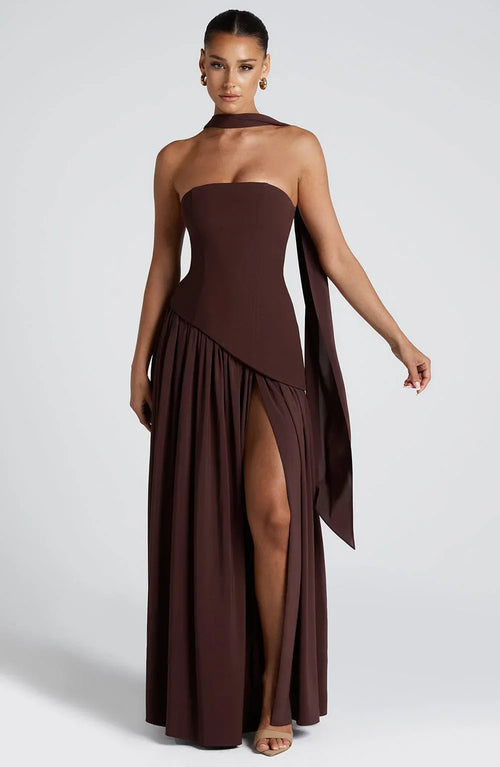 Elegant Bustier Corset Maxi Dress with Scarf Detail and High Slit