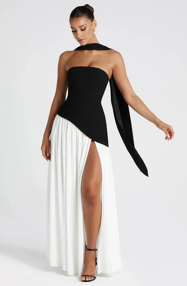 Elegant Bustier Corset Maxi Dress with Scarf Detail and High Slit