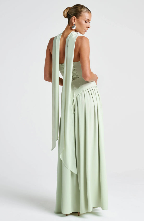 Elegant Bustier Corset Maxi Dress with Scarf Detail and High Slit