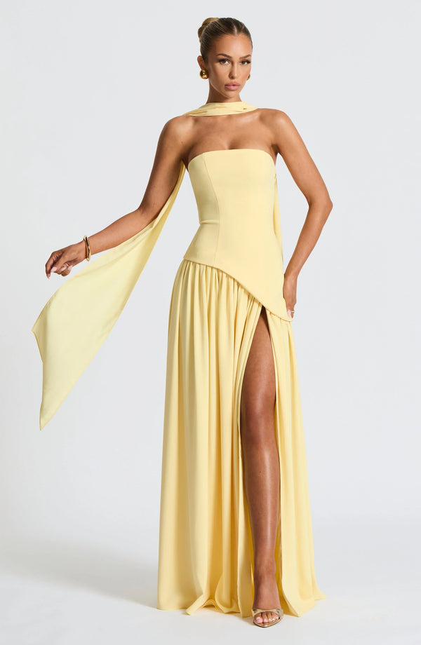 Elegant Bustier Corset Maxi Dress with Scarf Detail and High Slit