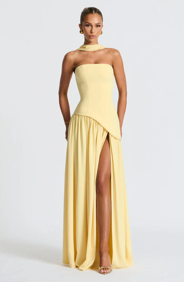 Elegant Bustier Corset Maxi Dress with Scarf Detail and High Slit
