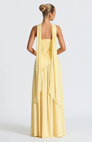 Elegant Bustier Corset Maxi Dress with Scarf Detail and High Slit