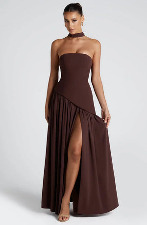 Elegant Bustier Corset Maxi Dress with Scarf Detail and High Slit