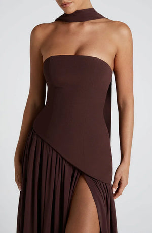Elegant Bustier Corset Maxi Dress with Scarf Detail and High Slit