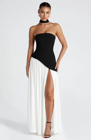 Elegant Bustier Corset Maxi Dress with Scarf Detail and High Slit