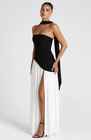 Elegant Bustier Corset Maxi Dress with Scarf Detail and High Slit
