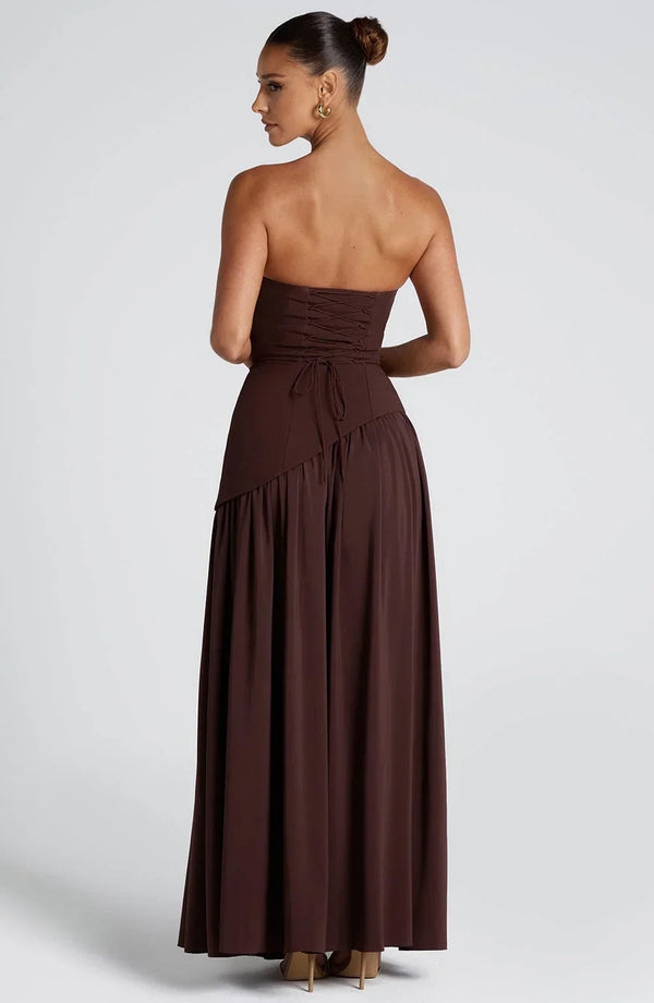 Elegant Bustier Corset Maxi Dress with Scarf Detail and High Slit