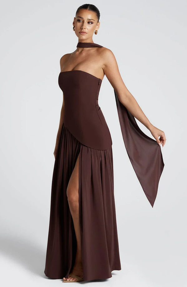 Elegant Bustier Corset Maxi Dress with Scarf Detail and High Slit