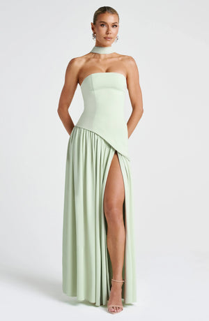 Elegant Bustier Corset Maxi Dress with Scarf Detail and High Slit