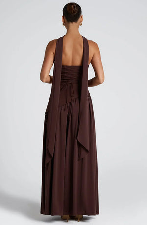 Elegant Bustier Corset Maxi Dress with Scarf Detail and High Slit