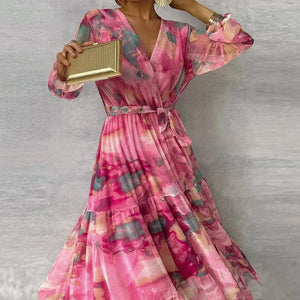 Elegant Floral V-Neck Long Sleeve Maxi Dress for Women