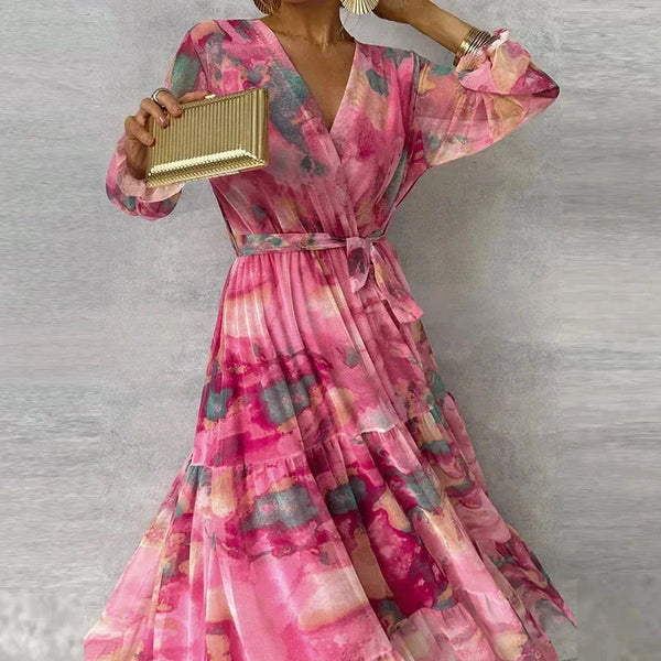 Elegant Floral V-Neck Long Sleeve Maxi Dress for Women