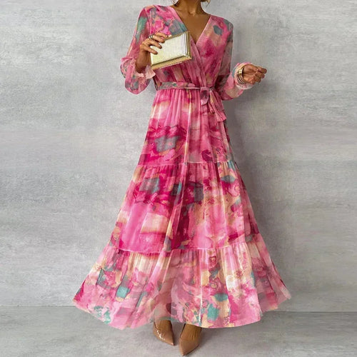 Elegant Floral V-Neck Long Sleeve Maxi Dress for Women