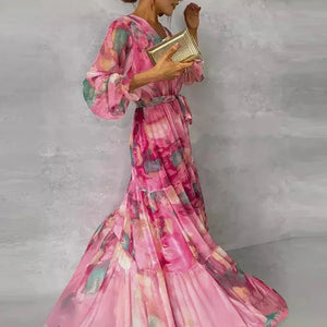 Elegant Floral V-Neck Long Sleeve Maxi Dress for Women