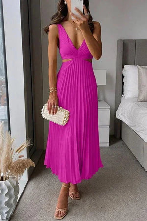 Women’s Pleated Cut-Out Midi Dress with V-Neck