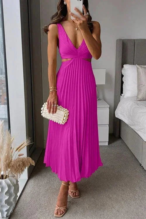 Women’s Pleated Cut-Out Midi Dress with V-Neck