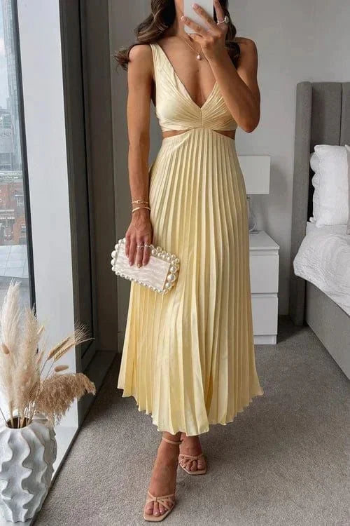 Women’s Pleated Cut-Out Midi Dress with V-Neck