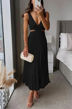 Women’s Pleated Cut-Out Midi Dress with V-Neck
