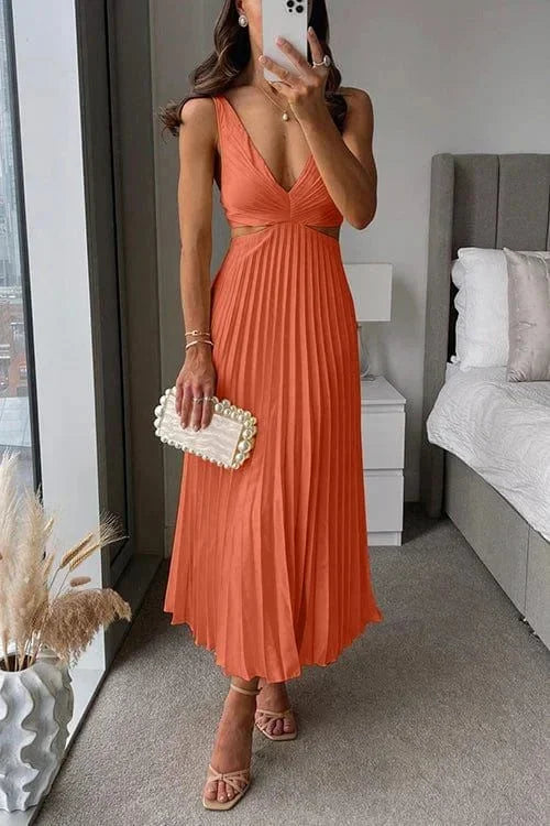 Women’s Pleated Cut-Out Midi Dress with V-Neck