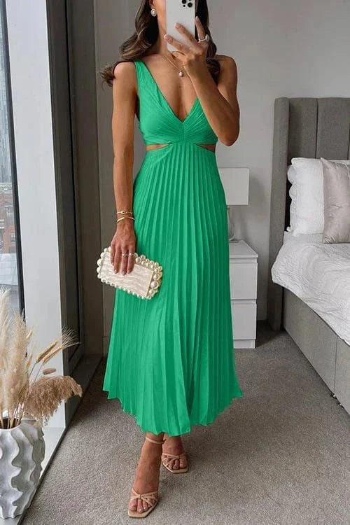 Women’s Pleated Cut-Out Midi Dress with V-Neck