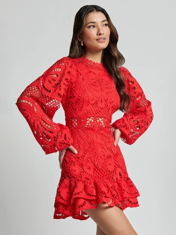 Long Sleeve Lace Ruffle Mini Dress for Women