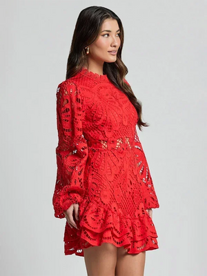 Long Sleeve Lace Ruffle Mini Dress for Women