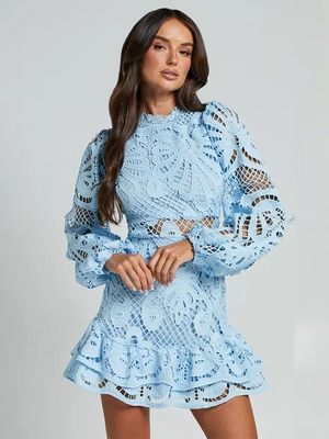 Long Sleeve Lace Ruffle Mini Dress for Women