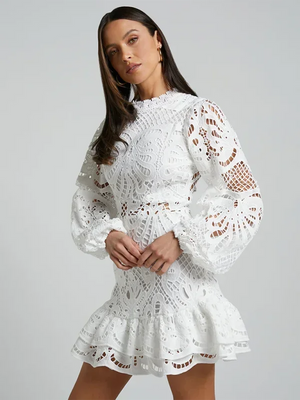 Long Sleeve Lace Ruffle Mini Dress for Women