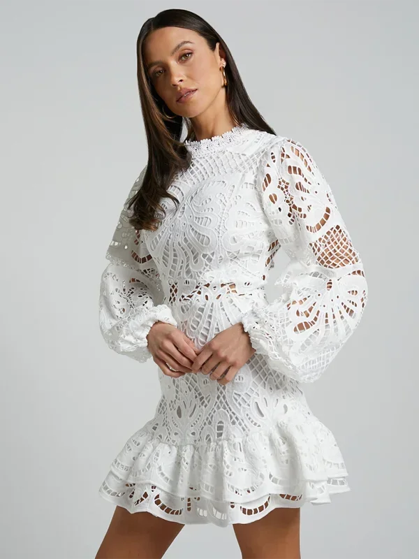 Long Sleeve Lace Ruffle Mini Dress for Women
