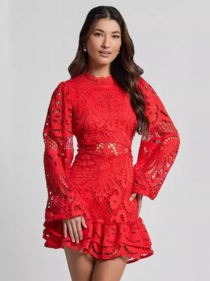 Long Sleeve Lace Ruffle Mini Dress for Women