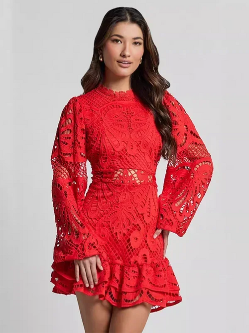 Long Sleeve Lace Ruffle Mini Dress for Women