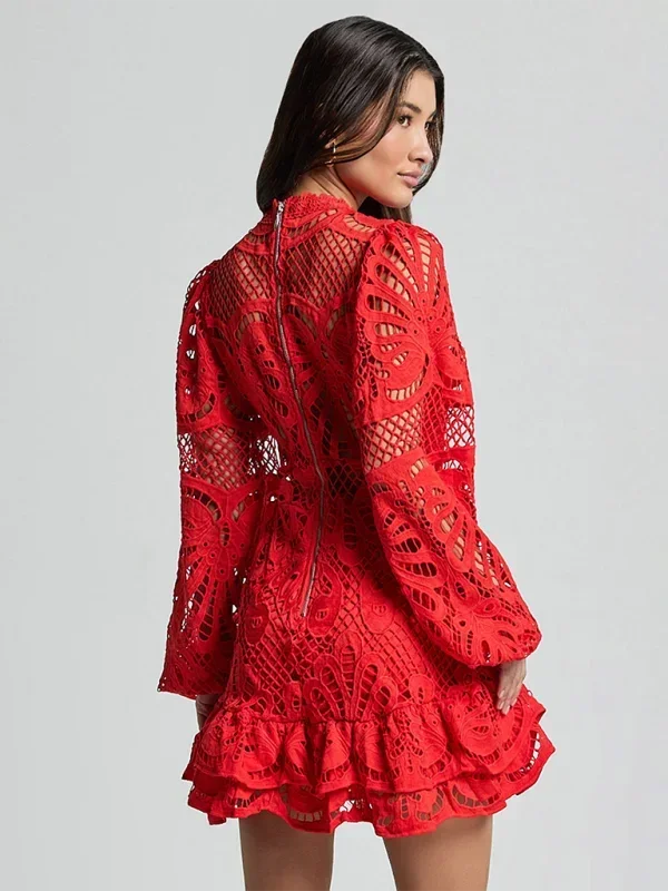 Long Sleeve Lace Ruffle Mini Dress for Women