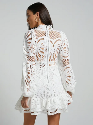 Long Sleeve Lace Ruffle Mini Dress for Women