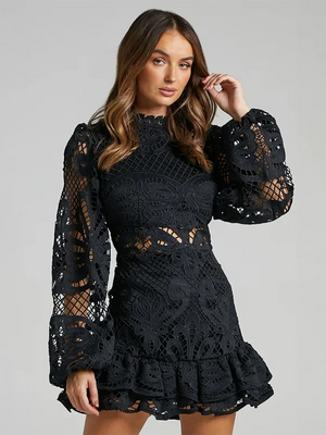 Long Sleeve Lace Ruffle Mini Dress for Women