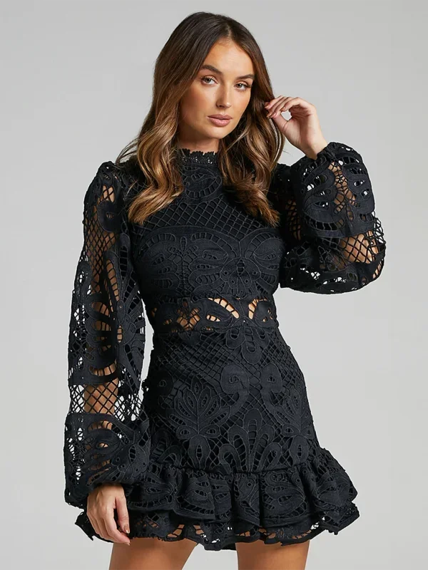 Long Sleeve Lace Ruffle Mini Dress for Women
