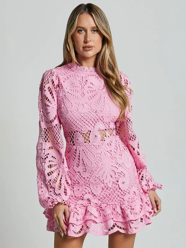 Long Sleeve Lace Ruffle Mini Dress for Women