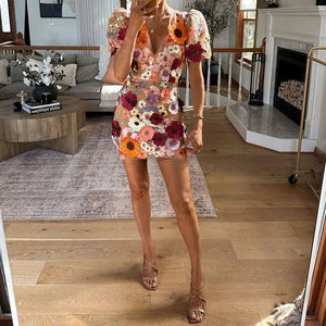 Sheer Floral Short Dress Puff Sleeve