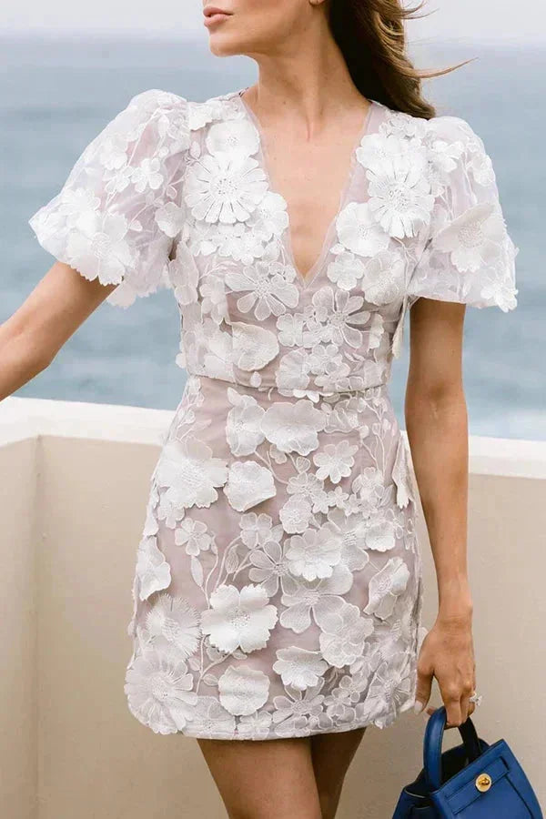 Sheer Floral Short Dress Puff Sleeve