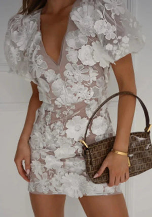 Sheer Floral Short Dress Puff Sleeve